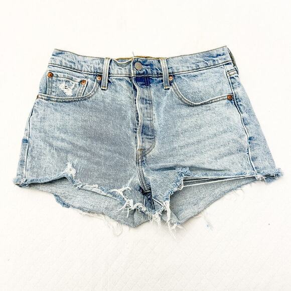 Levi's 501 Button Fly Shorts Light Wash Denim Jeans Ripped Leg Cutoff Size 28 - Picture 1 of 8